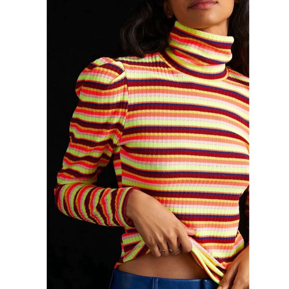 Anthropologie x Maeve Puff Sleeved Striped Turtleneck Top Orange Motif